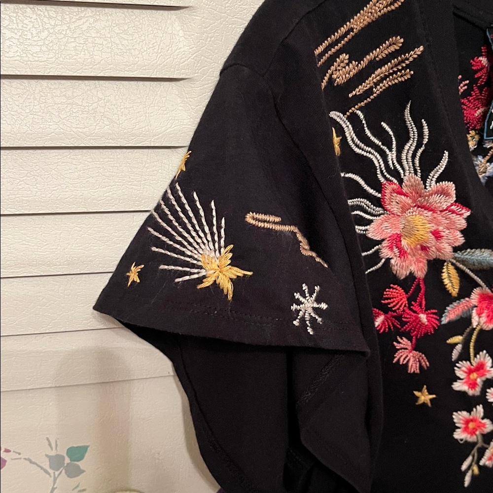 Johnny Was Black V-Neck Lissa Short Sleeve Top with Multicolor Floral Embroidery - Picture 9 of 9
